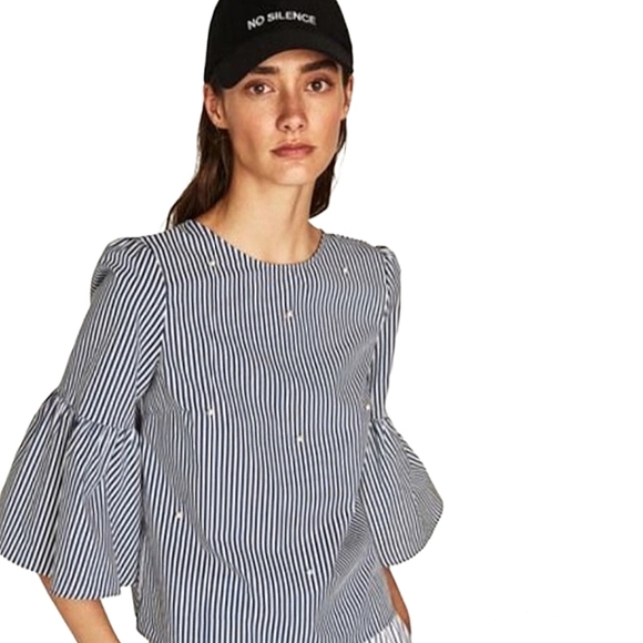 Zara | Poplin Stripe Bell Sleeve Top with Faux Pearls | Women's Small - Picture 2 of 7